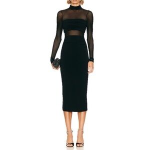 Cinq a Sept Ariana Elegant Black Sheer Long Sleeve Midi Bodycon Dress in size 8